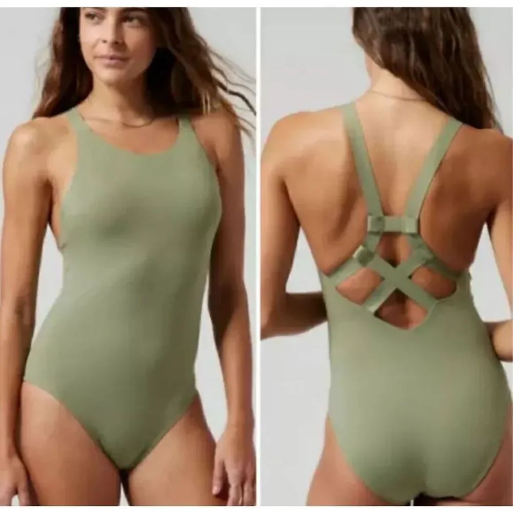 Athleta Palm One-piece Swimsuit NEW Size Small Olive Green